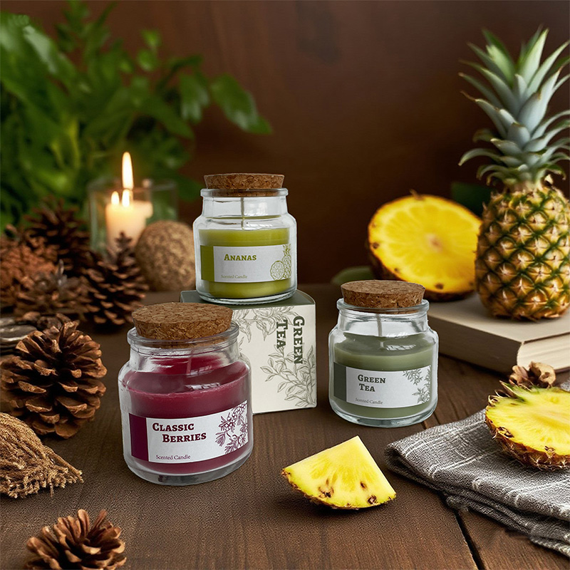 Sojawachskerze mit Fruchtduft im Glasgefäß mit Korkstopfen – Benutzerdefiniertes Logo
