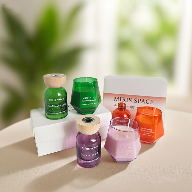 Farbiges Druckrohrblatt Diffusor & Kerzen Set Ambiente Zuhause Schlafzimmer Innen Duft Geschenkbox